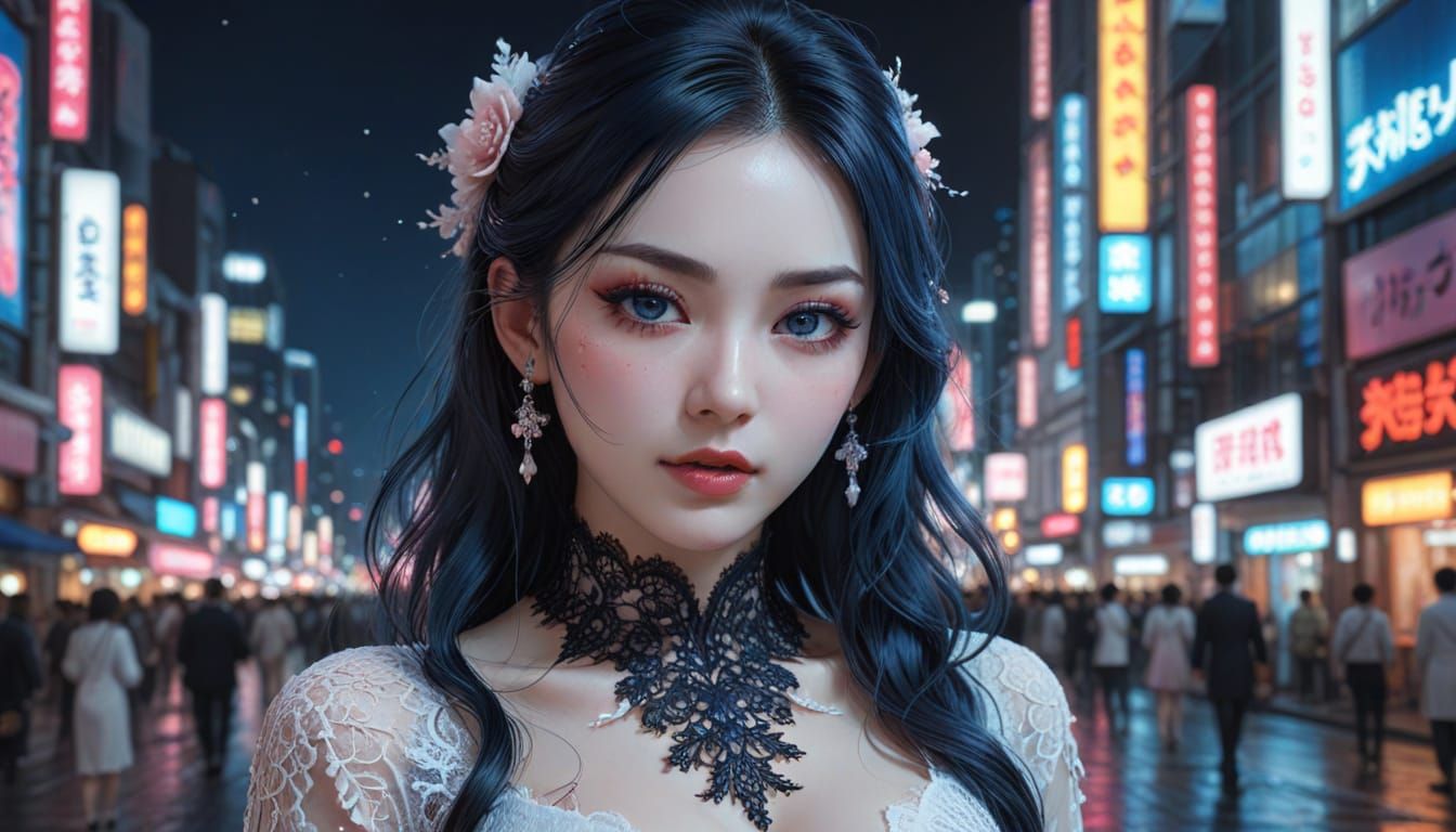 Elegant Lady in White Makeup, Shinjuku, Digital Art