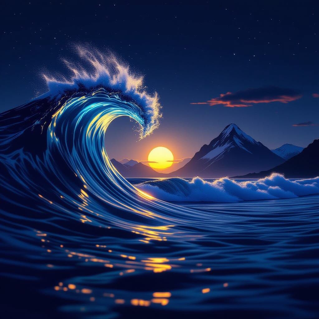 Night Wave Cresting with Mountain View, Hyperrealistic