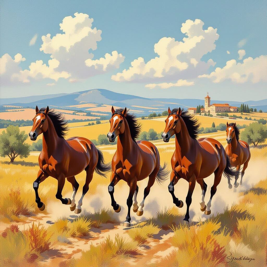 Wild Horses Galloping in Mediterranean Sunlight