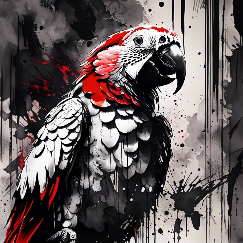 Monochrome Parrot Ink Drawing with Dramatic Lighting