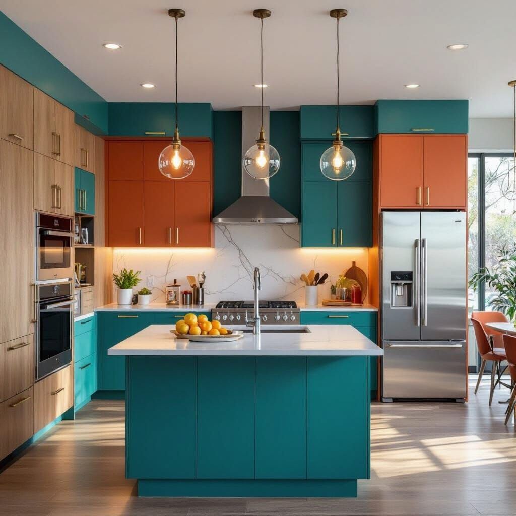 Vibrant Modern Kitchen Design With Natural Wood and Teal Acc...