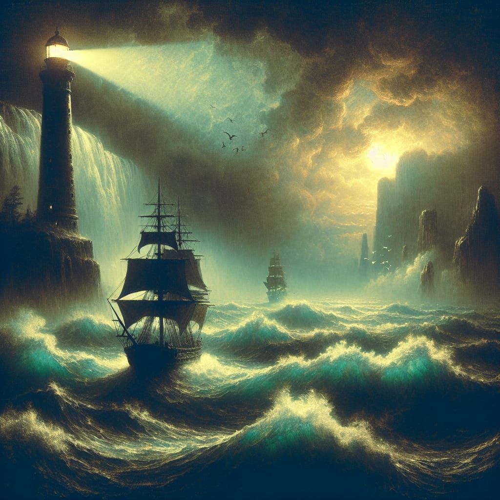 Foggy Seascape with Lighthouse and Sailing Ship