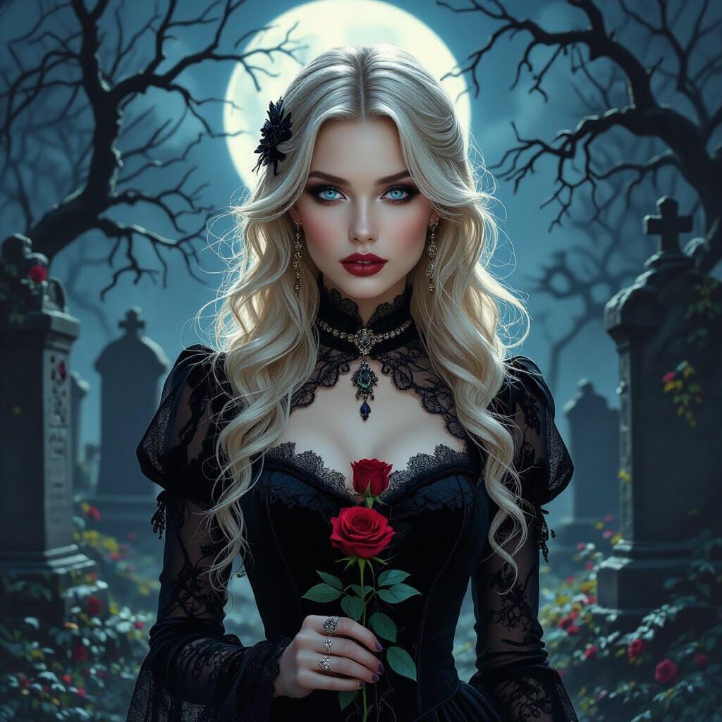 Goth Woman in Moonlit Graveyard with Wilting Rose