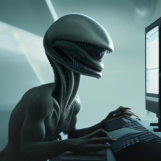 Alien Typing on Computer Screen in 8k