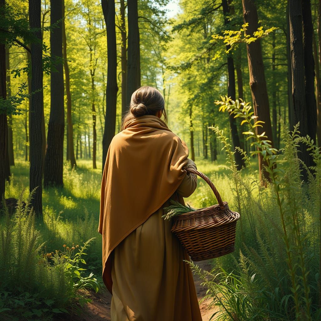 Woman Gathering Wild Asparagus in Lush Forest Landscape