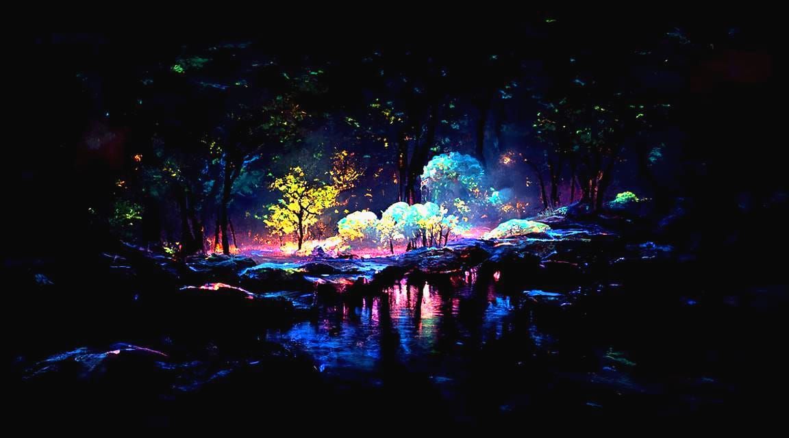 Ethereal Forest Landscape Oil Painting with Moon