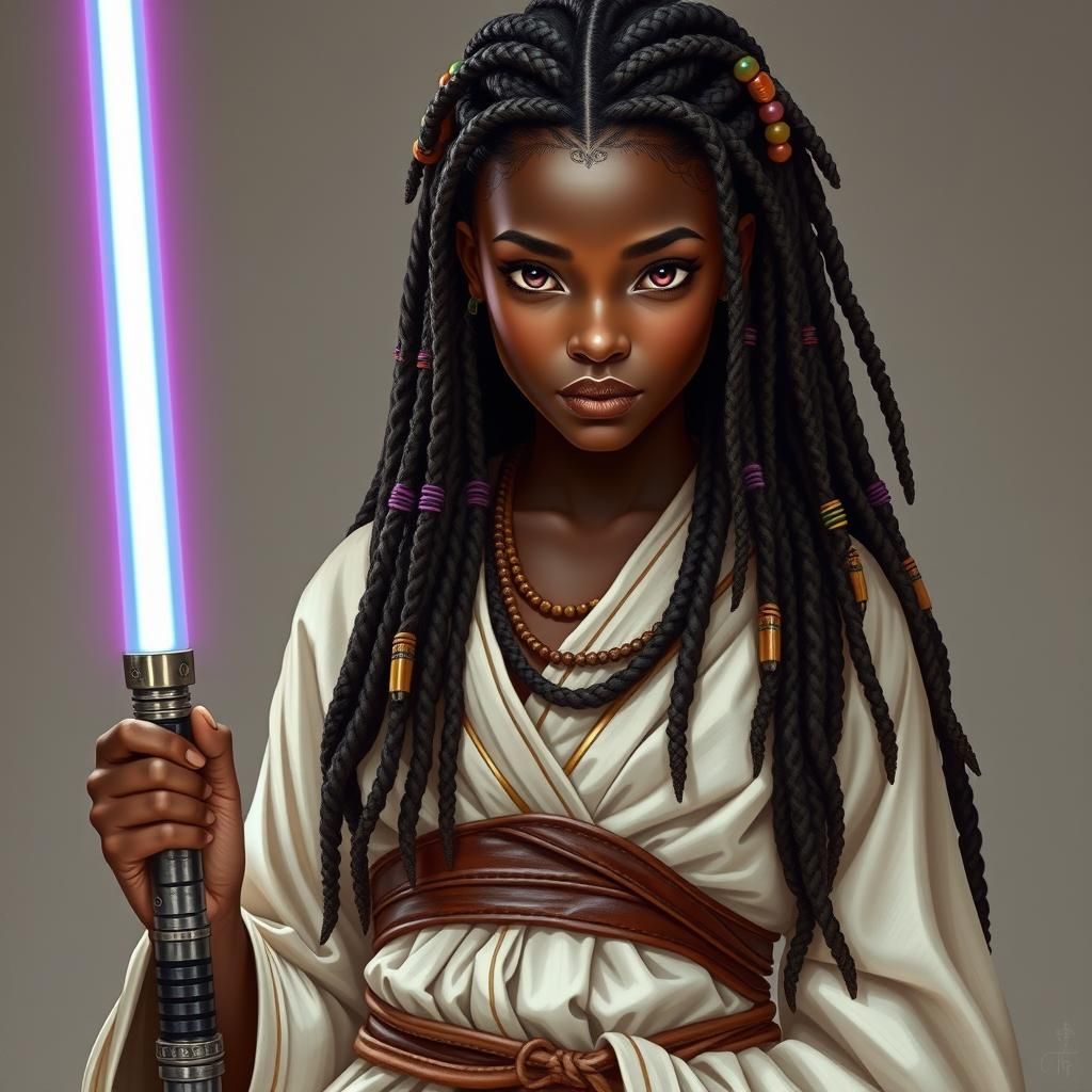 Jedi Woman with Violet Eyes in Afrofuturist Style