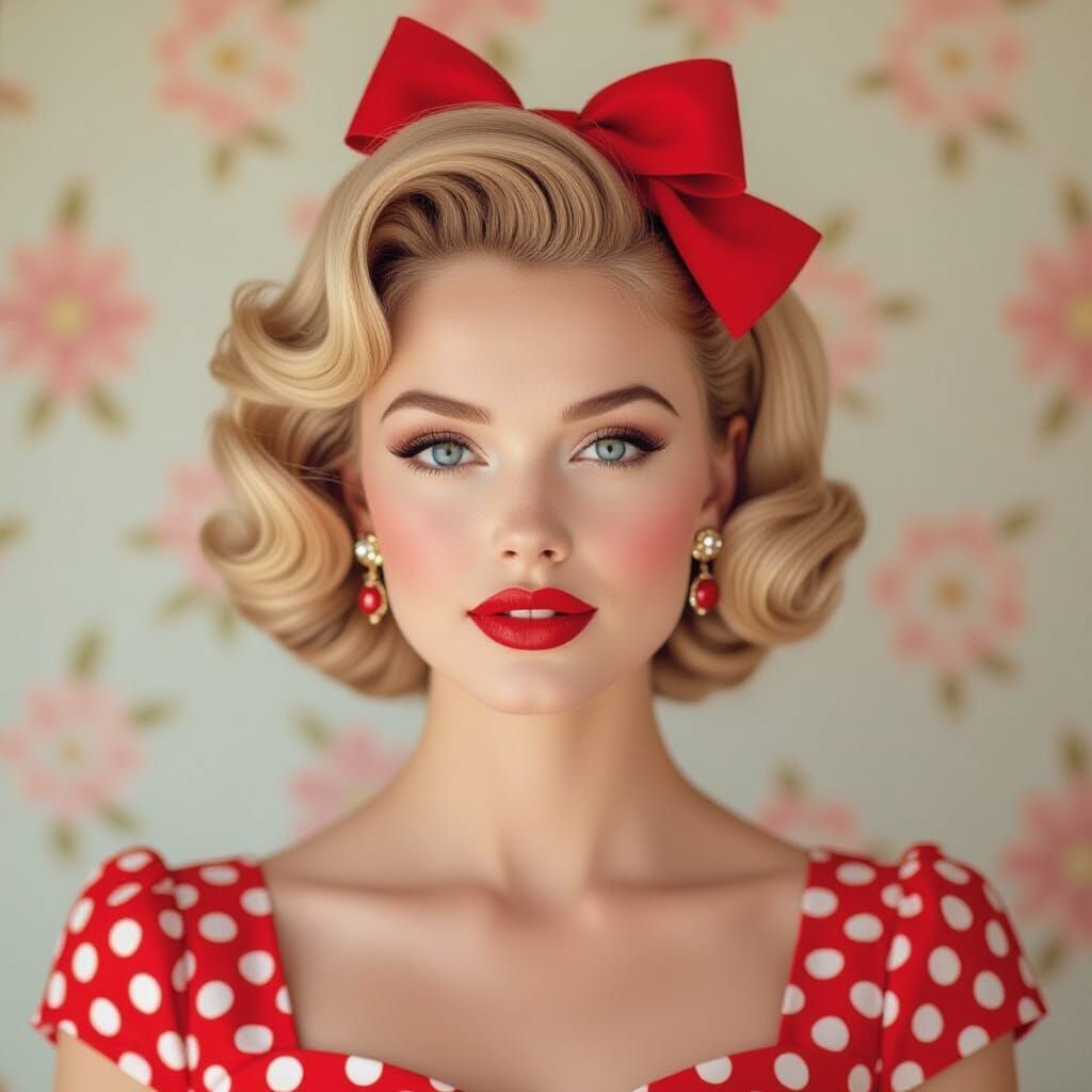 Glamorous 1950s Woman in Polka Dot Dress