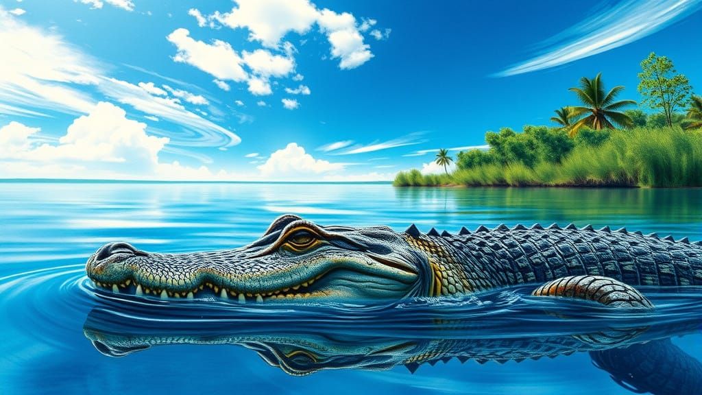 Alligator Emerges from Lake in Alcohol Ink Style