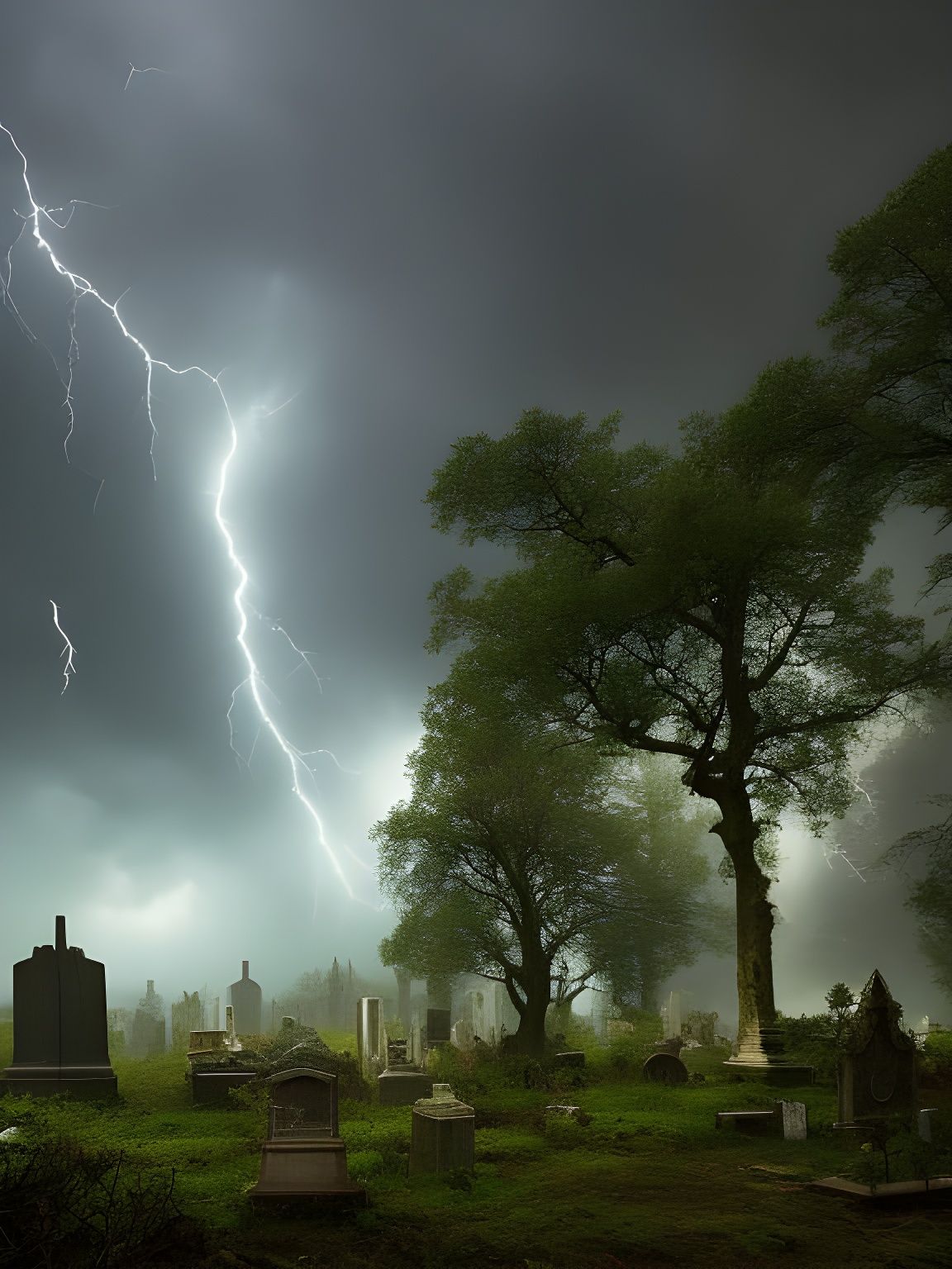 Lightning Strikes Graveyard in Horror Illustration Style