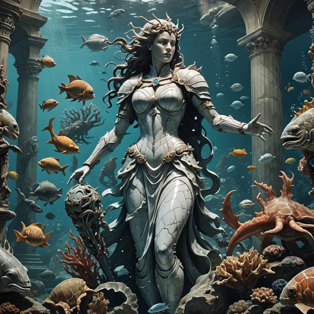 Underwater Marble Statue of Armored Woman
