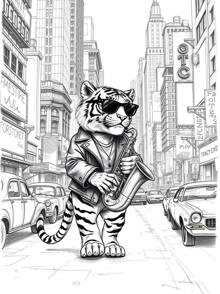 CGI Tiger in 1950s City as Pencil Sketch