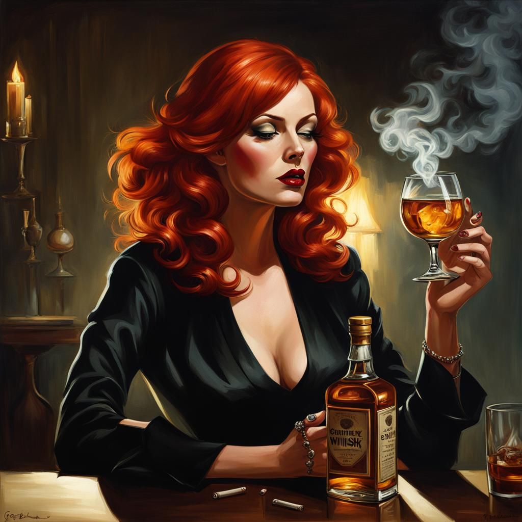 Sinister Portrait of a Red-Haired Woman With Whisky