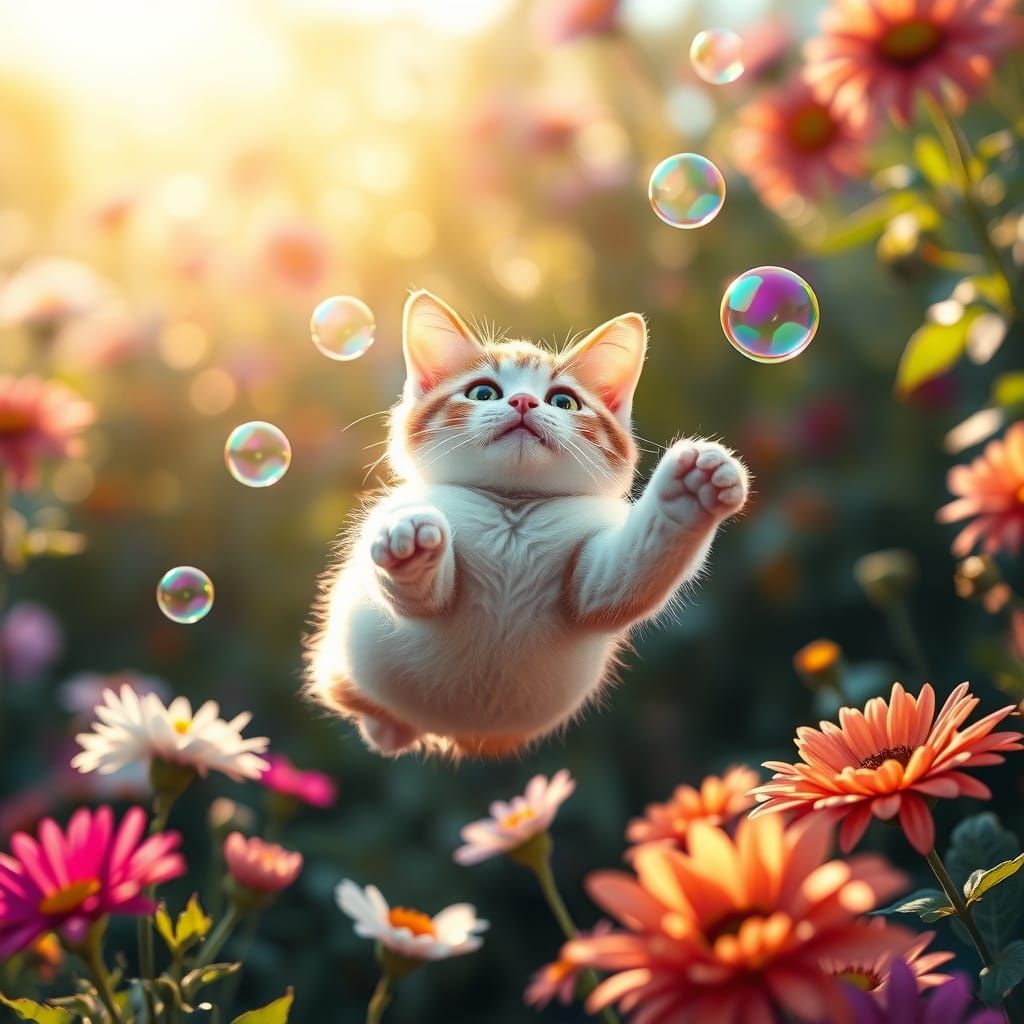 Soap Bubble Cat in Sunlit Garden, Digital Art