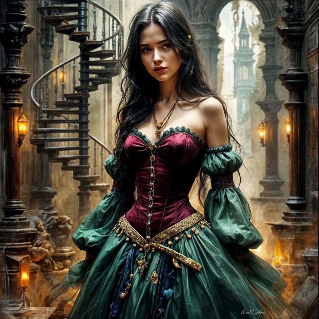 Elegant Young Woman in Velvet Corset Stands in Majestic Towe...