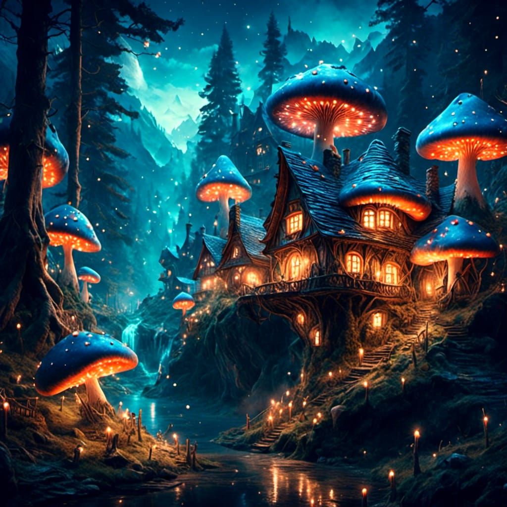 Whimsical Mushroom Village with Sparkling Lights