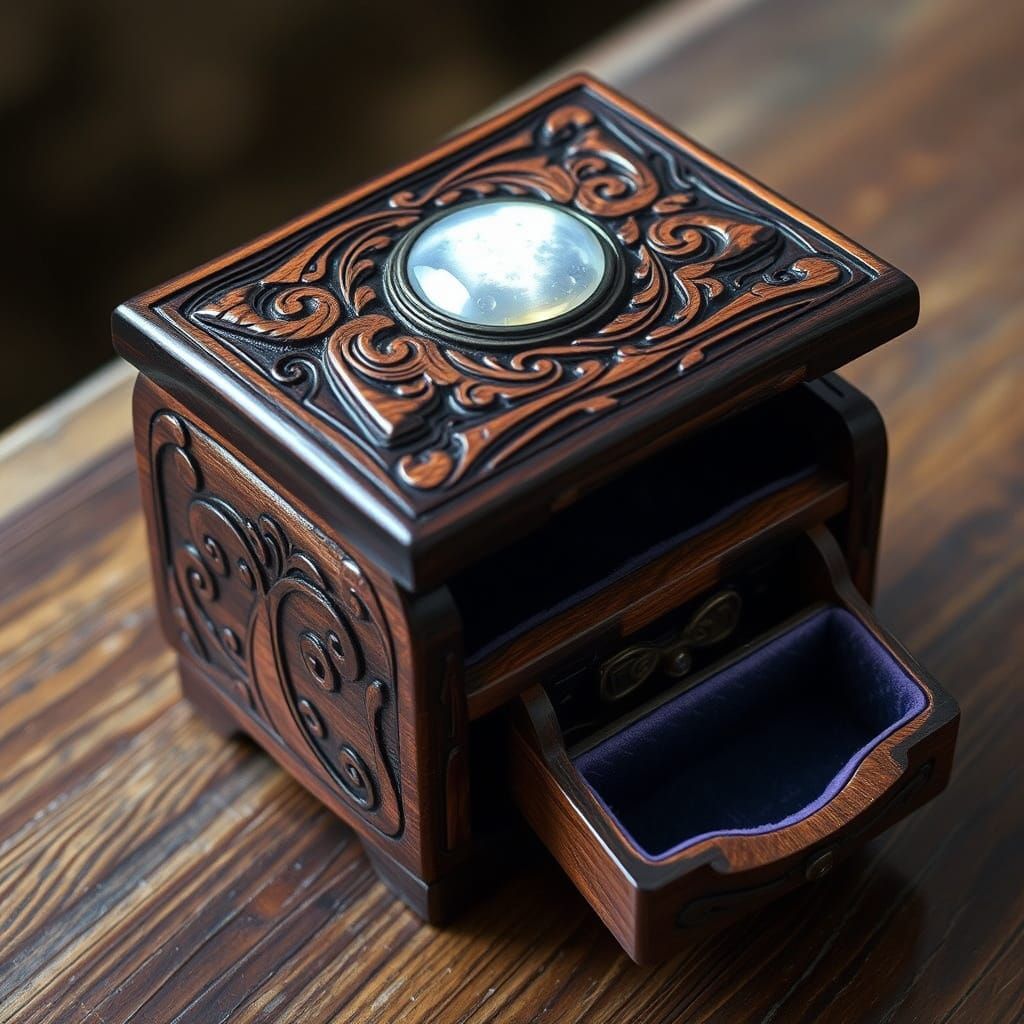 Enchanted Wooden Jewelry Box with Moonstone Inlay