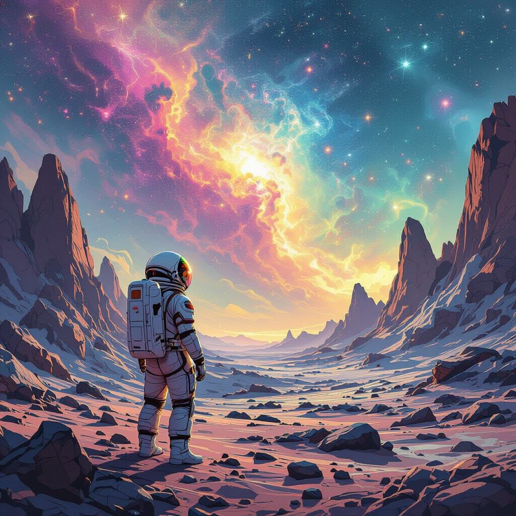 Astronaut Gazes at Nebula Sky in Retro Sci-Fi Comic Style