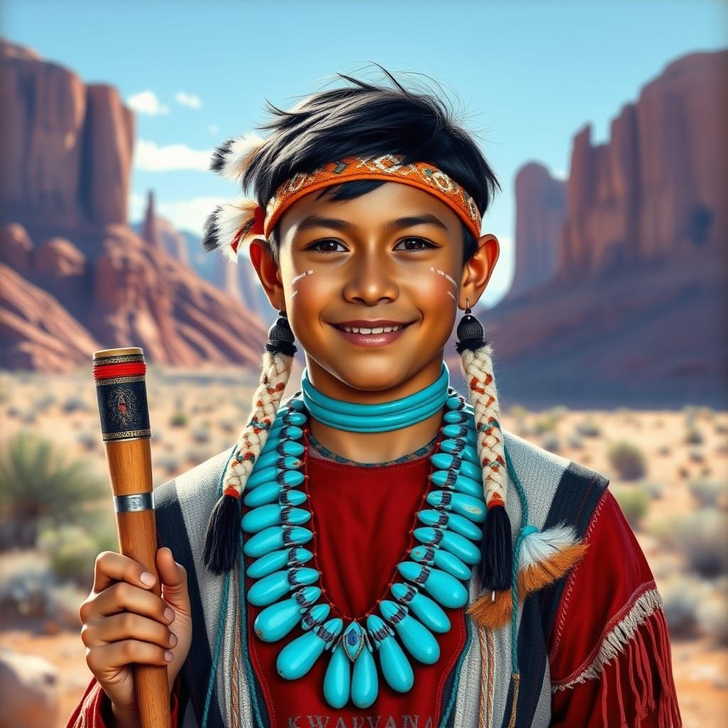 Navajo Youth in Traditional Attire, Holding Ceremonial Pipe,...