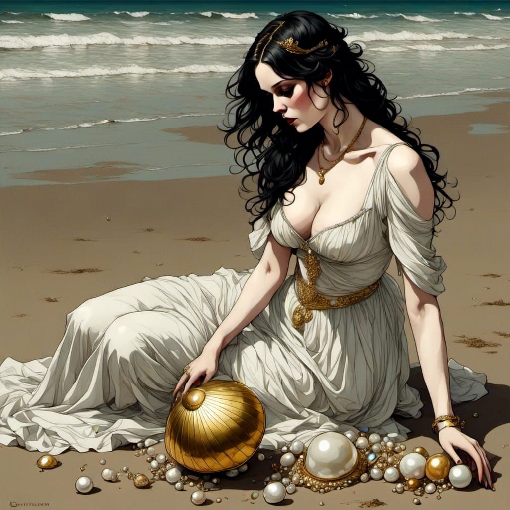 Girl Finds Pearl on Beach: Kneeling Full Body