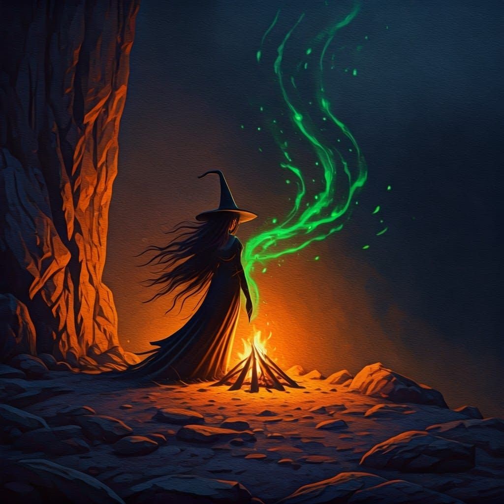 Mystical Witch Beside a Campfire, in the Style of the Old Ma...