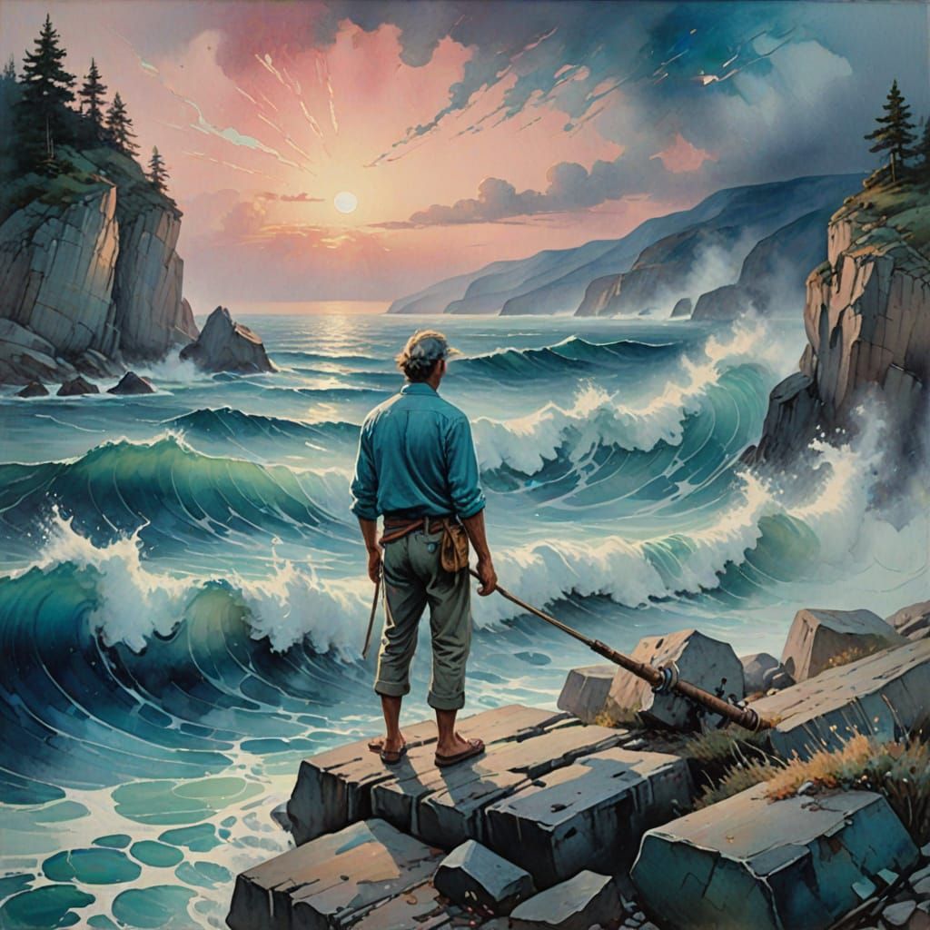 Man on Sailboat with Fiery Dove in Watercolor Style