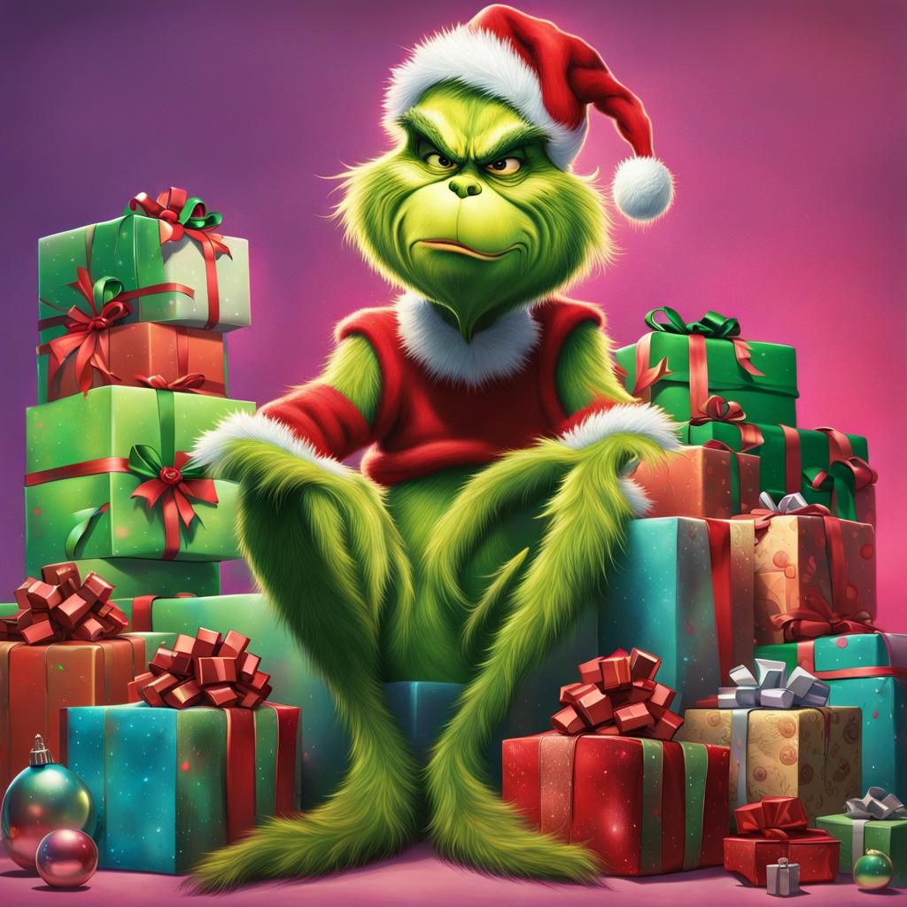 Hyperrealistic Grinch with Presents in Splash Art Style