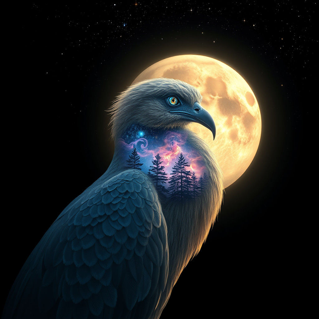 Majestic Iridescent Bird with Cosmic Landscape