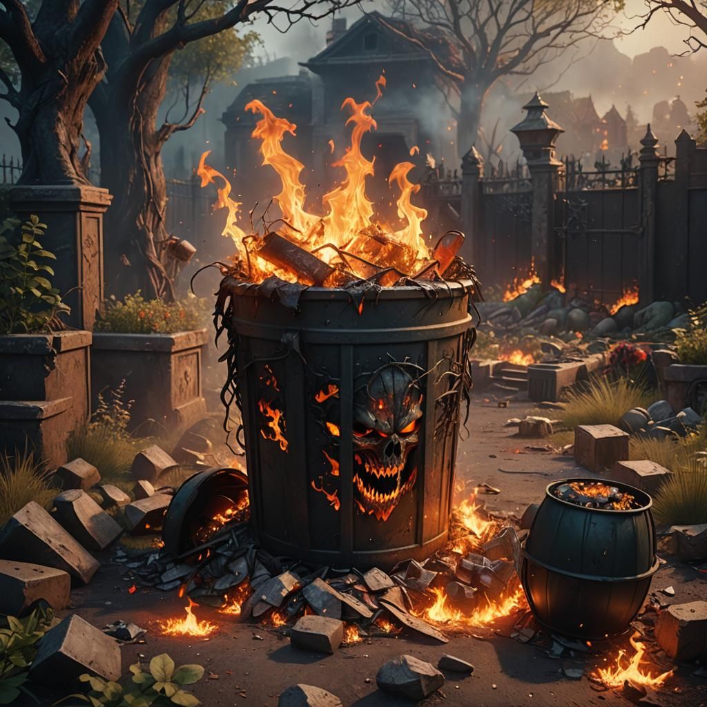 Demonic Burning Garbage Can in Hell Garden