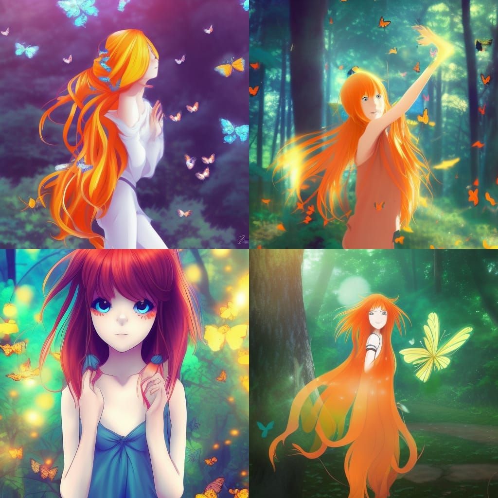 Anime Girl with Glowing Hair in Butterfly Forest