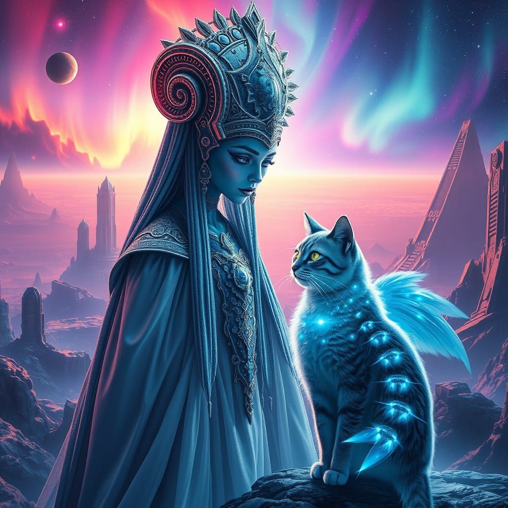 Ethereal Cat Meets Iridescent Alien in Cosmic Ruins