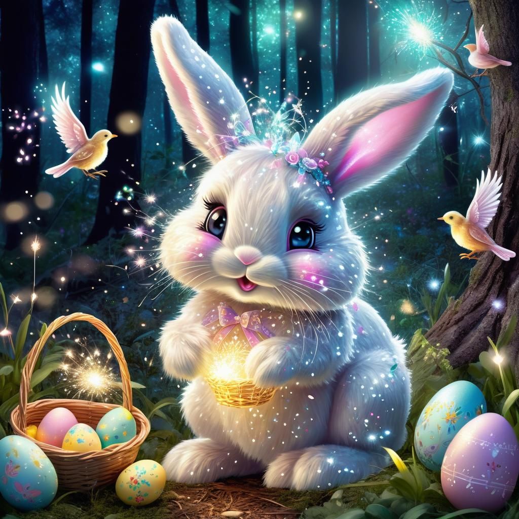 Sparkling Jeweled Easter Bunny in Enchanted Forest