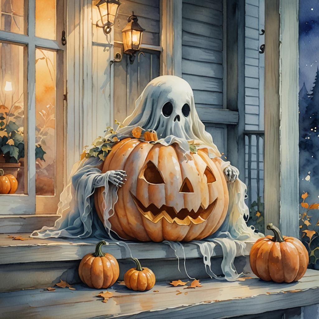 Whimsical Watercolour Ghost and Pumpkin on Porch