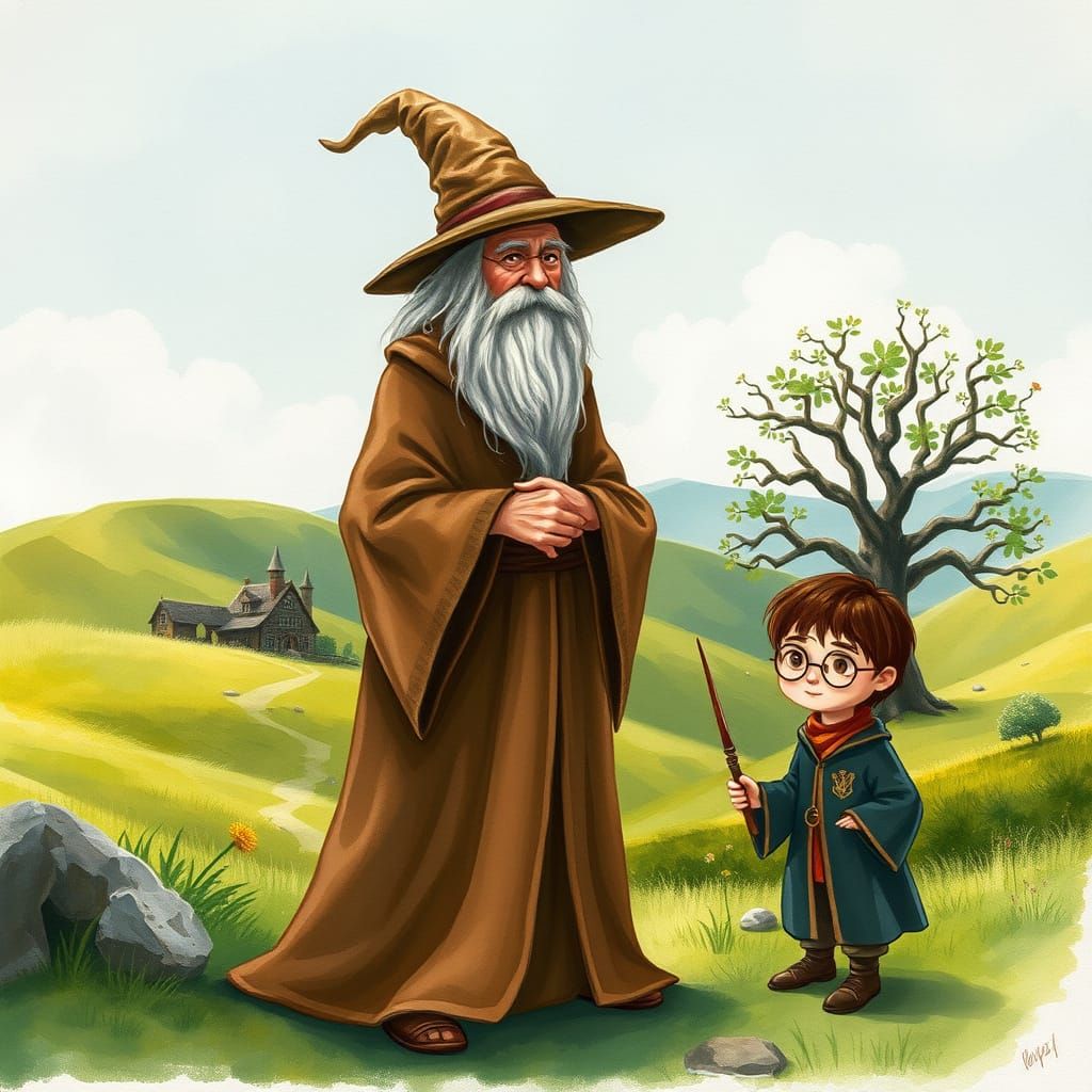 Gandalf and Hobbit Harry Potter in Shire Landscape