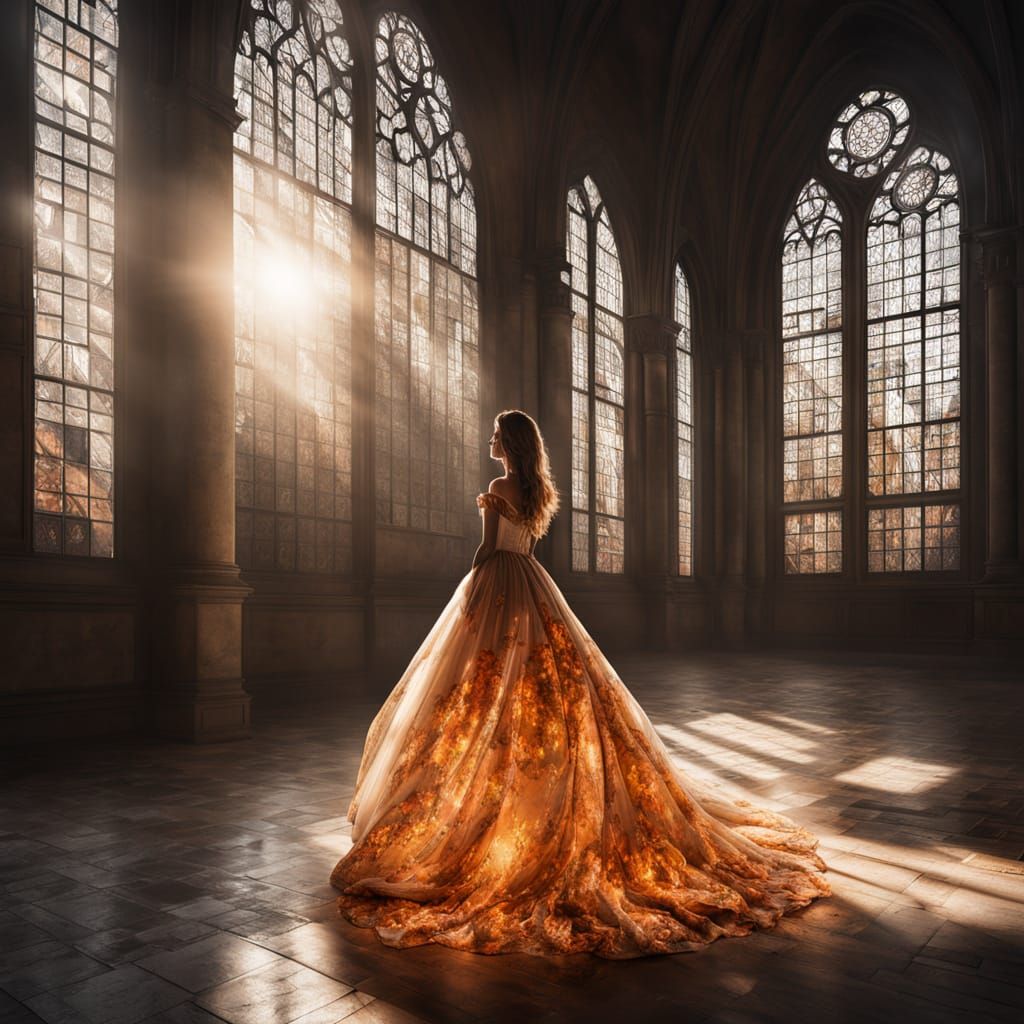 A Beautiful Woman in a Gown of Fire and Flames, in a Medieva...