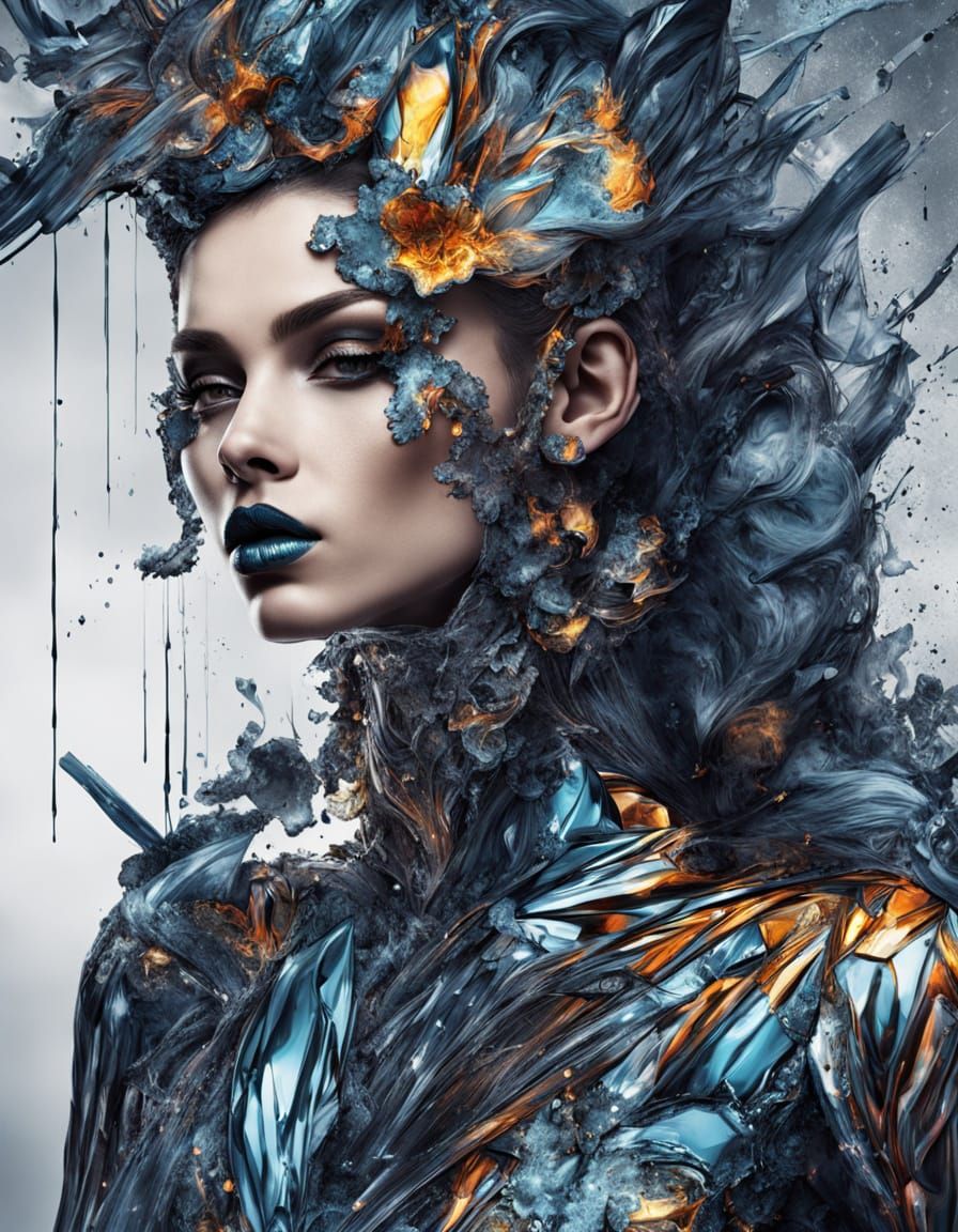 High-Fashion Model in Liquid Mercury Gown as Cartoon