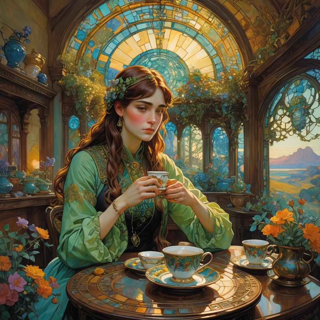 End of World: Girl and House in Stained Glass