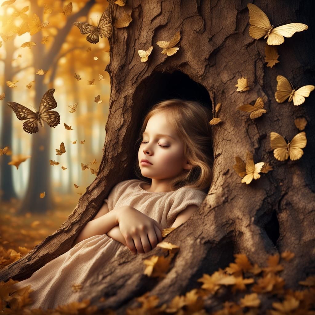 Autumn Forest Girl with Metal Butterflies