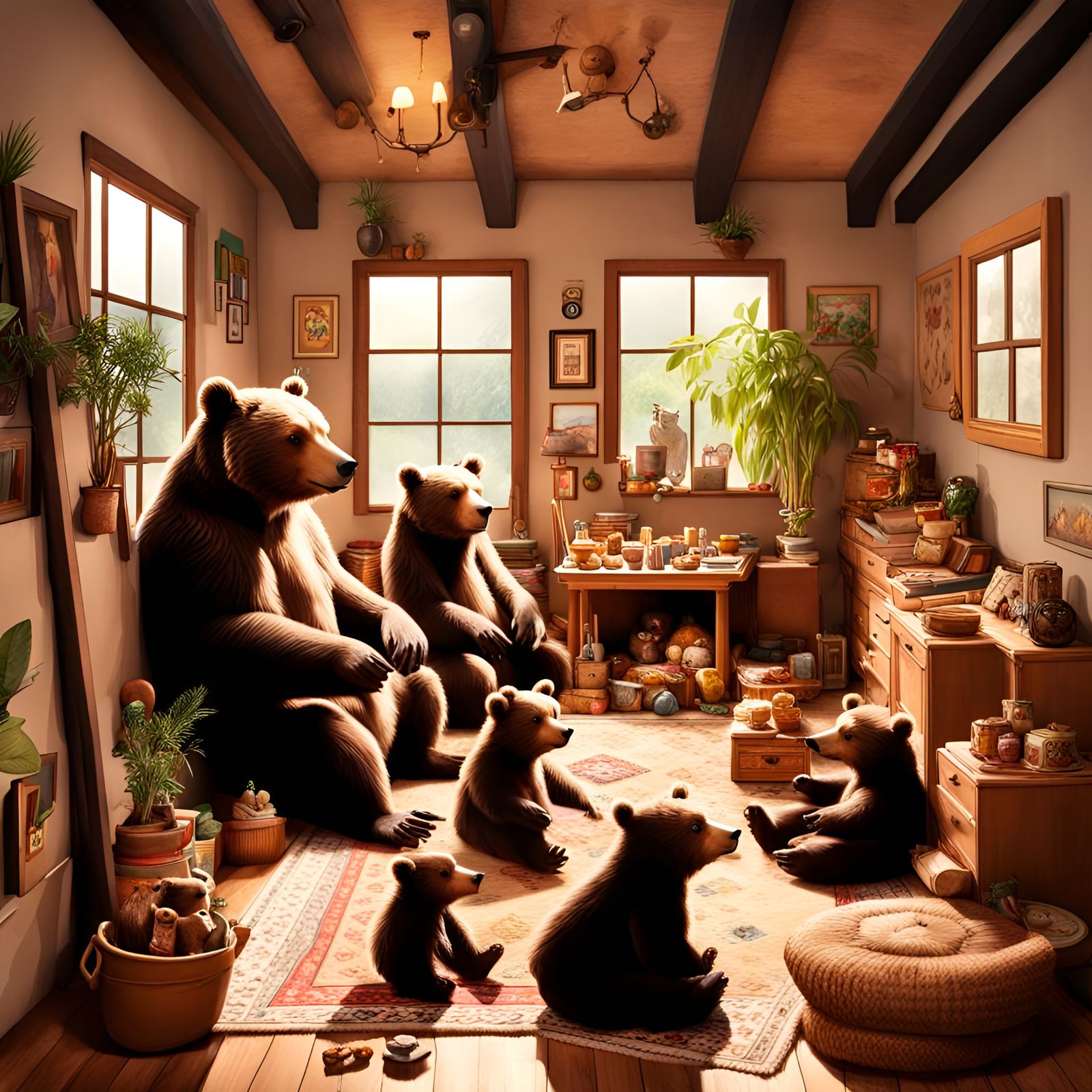 Bear Family in Cozy Home Den