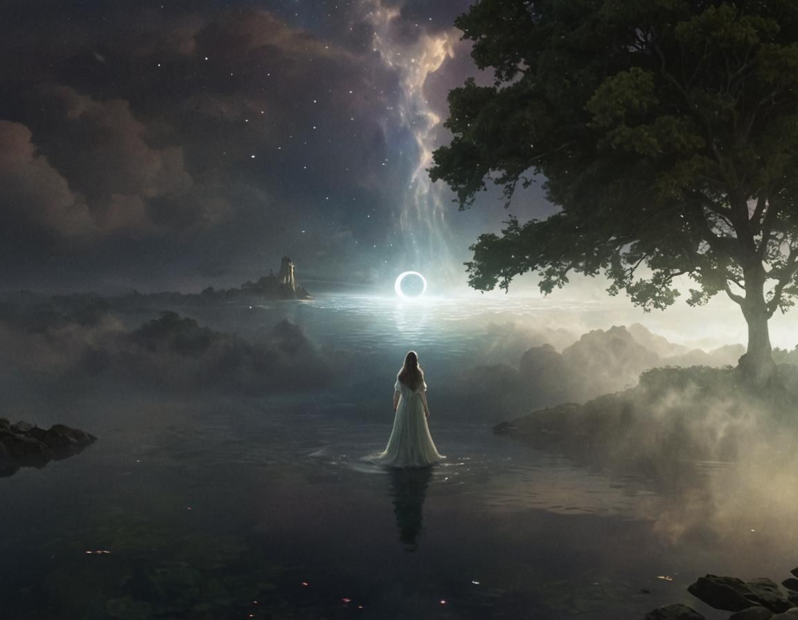 Goddess on Crescent Moon in Ethereal Oil Painting Style