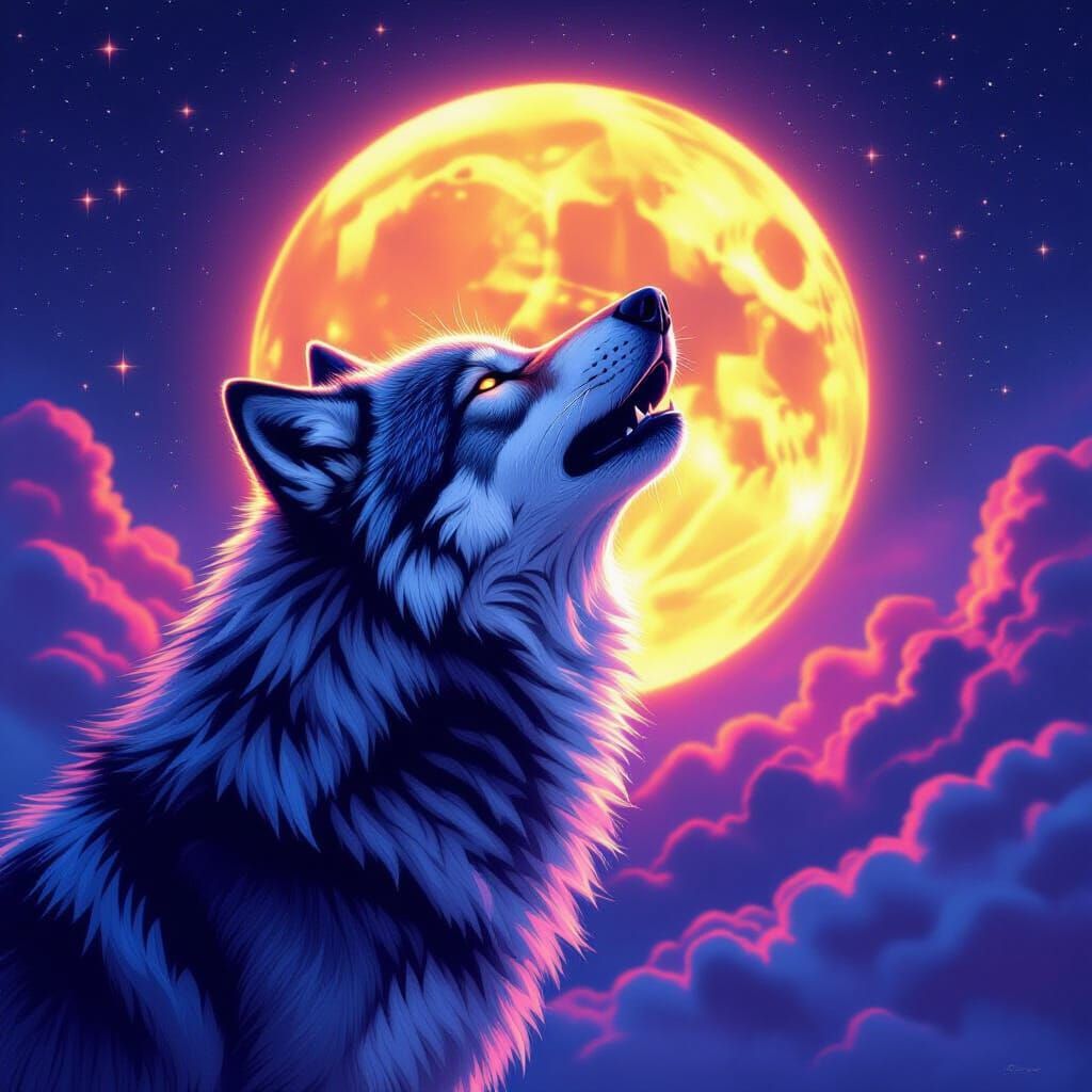 Majestic Wolf Howling at Neon Moon: Airbrush Art
