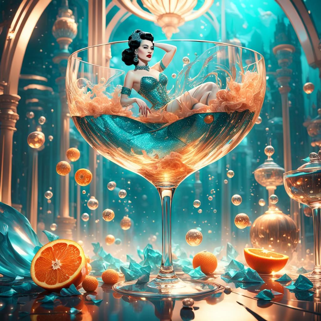 Burlesque Dancer in Champagne Glass, Surreal Concept Art