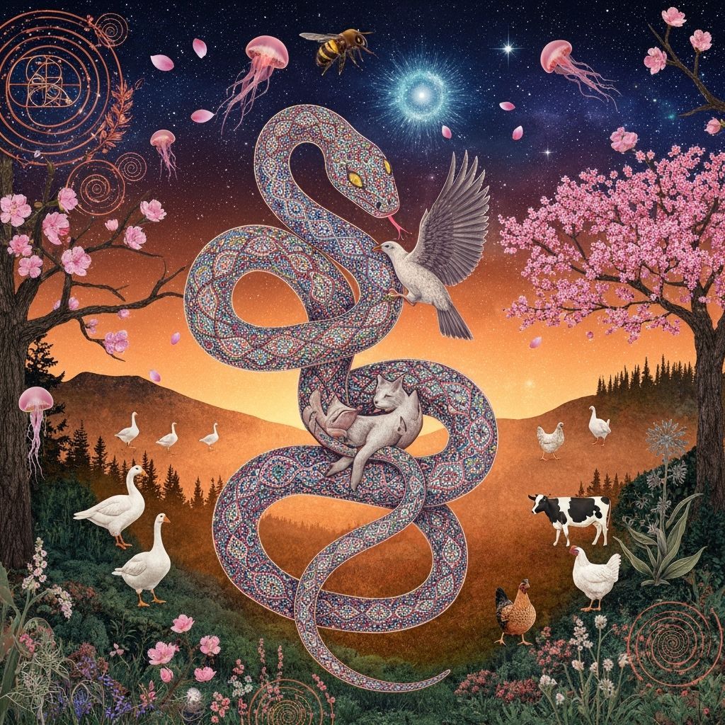 Surreal Snake's Cosmic Transformation in Dreamlike Forest