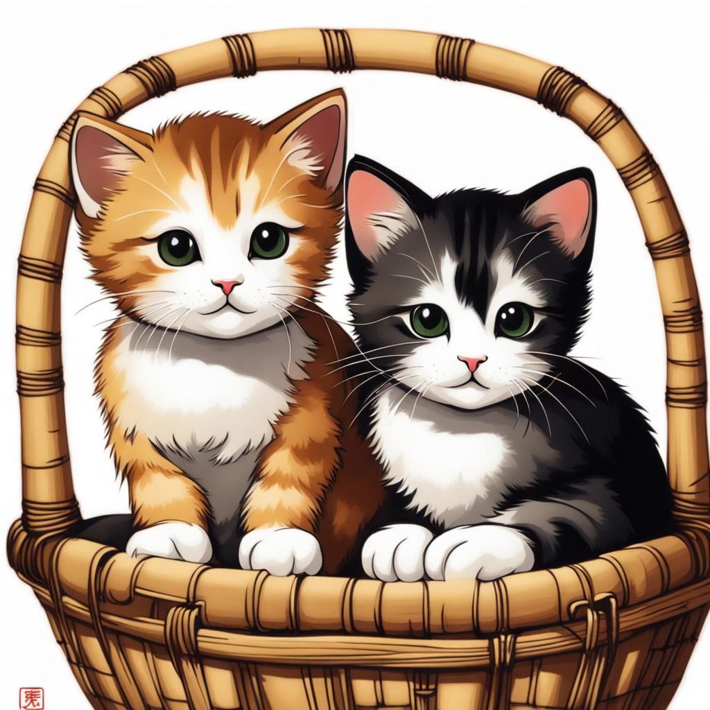 Calico Kittens in Bamboo, Chinese Ink Painting