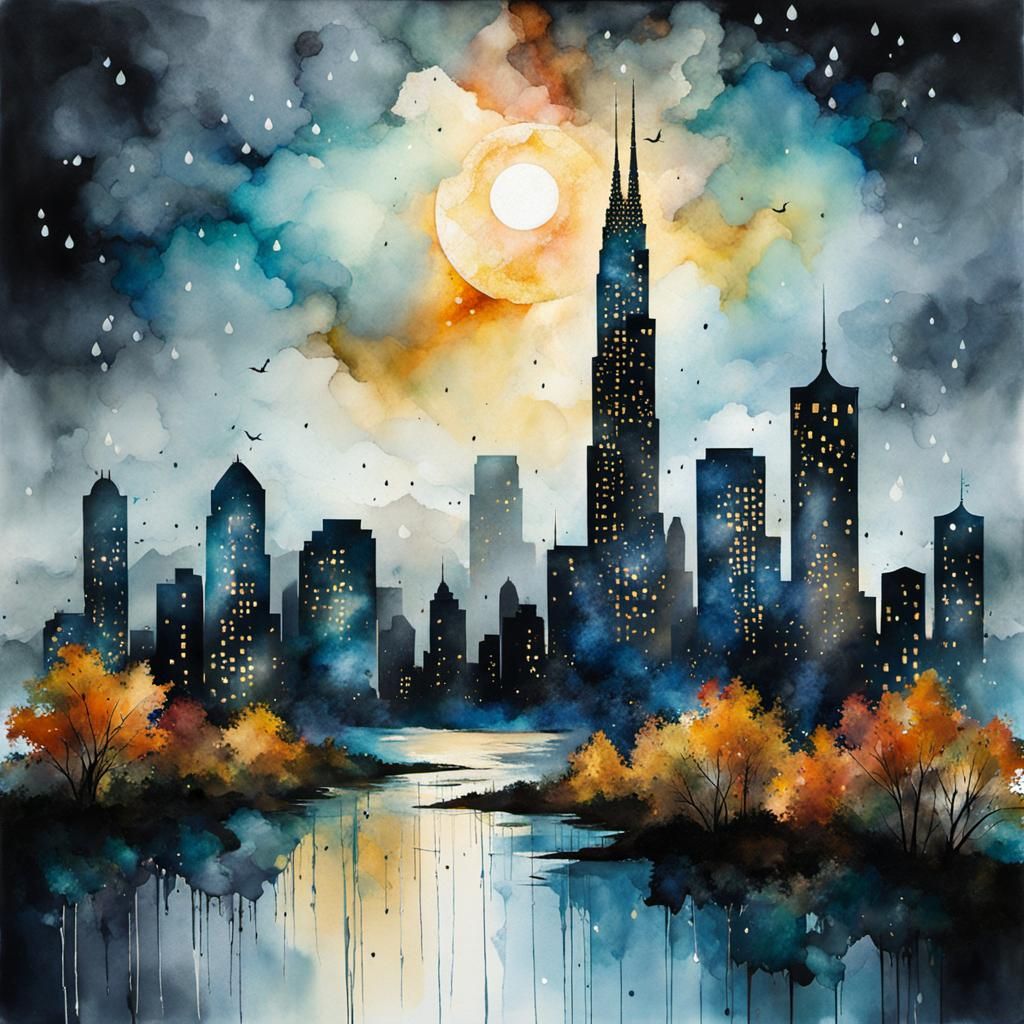 Zentangle Skyline in Alcohol Ink and Watercolor Style