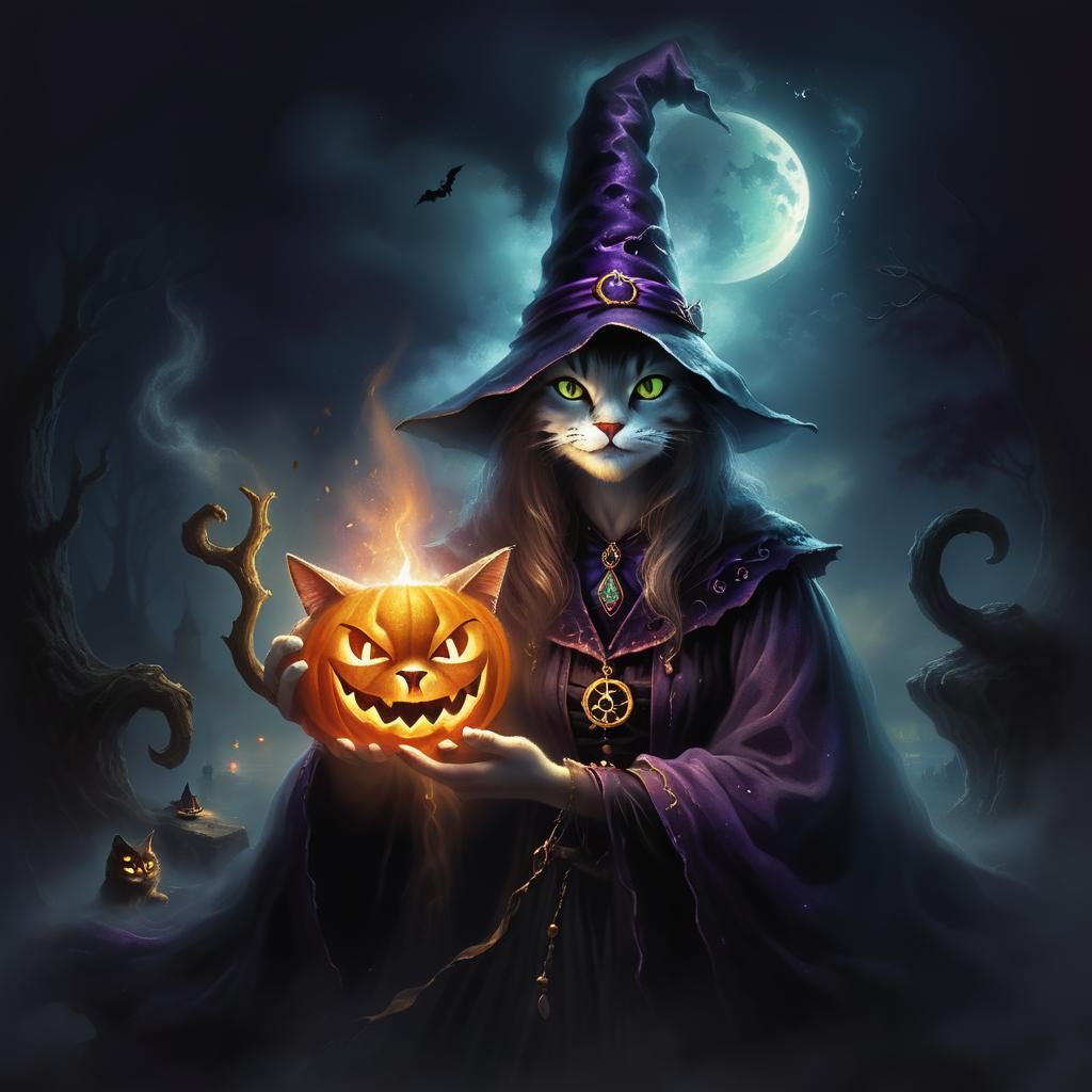 Ethereal Cat Witch in a Hyperdetailed Fantasy Landscape