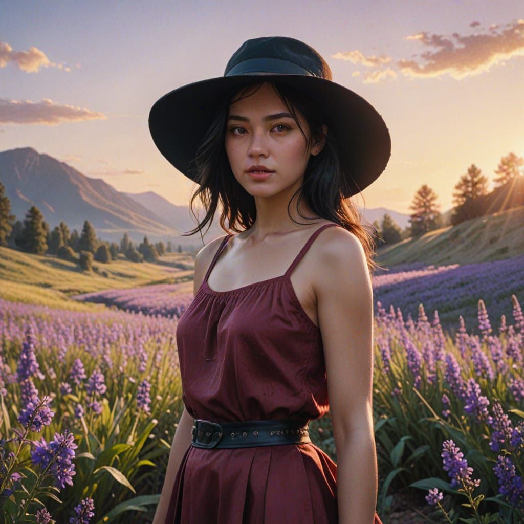 Girl in Purple Flowers at Golden Hour