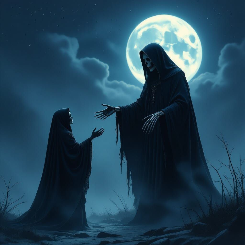 Death Beckons: Ethereal Moonlight Invitation in Dark Fantasy