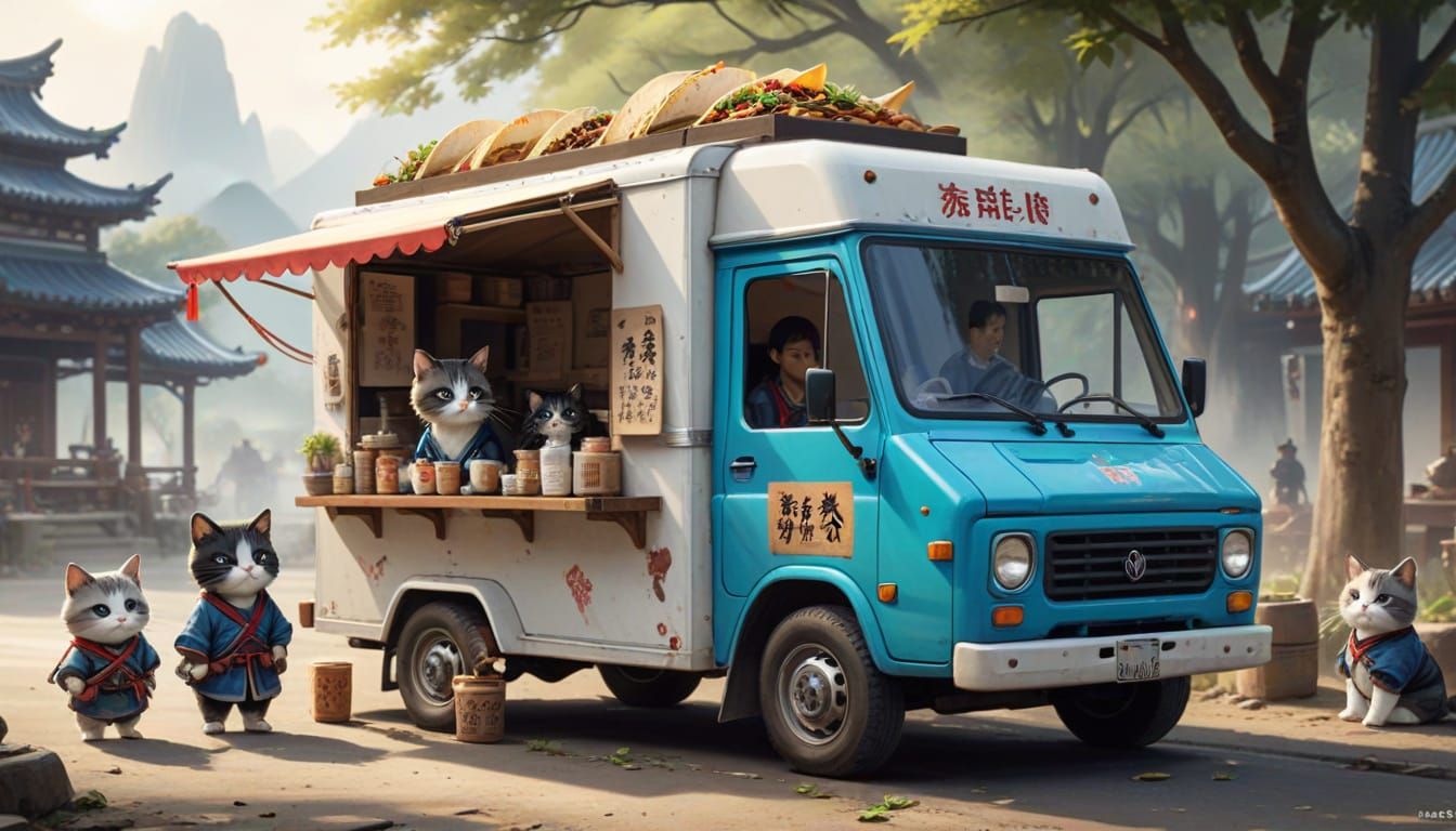 a picture of a wuxia taco truck with cute chibi cat wuxia wa...