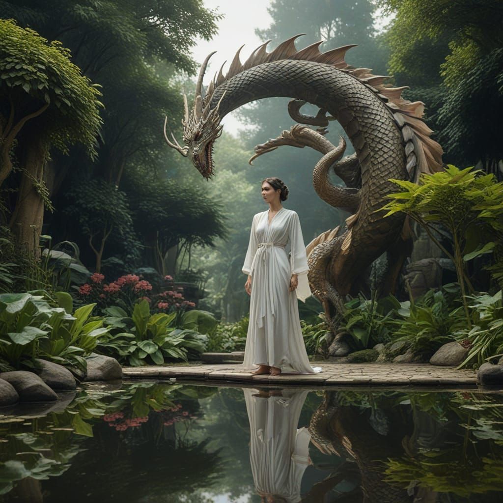 Surreal Human-Dragon Fusion in Minimalist Garden